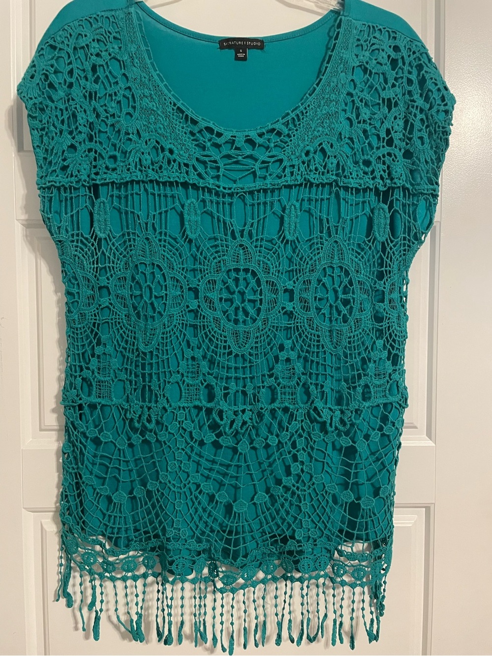 Signature Studio Teal Crochet Fringe Tunic